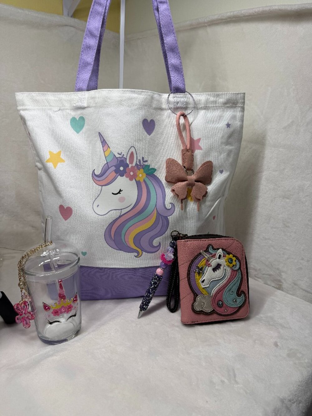 Unicorn Canvas Tote Set w/ Chala Wallet, Decorated Cup, Butterfly Charm & DIY